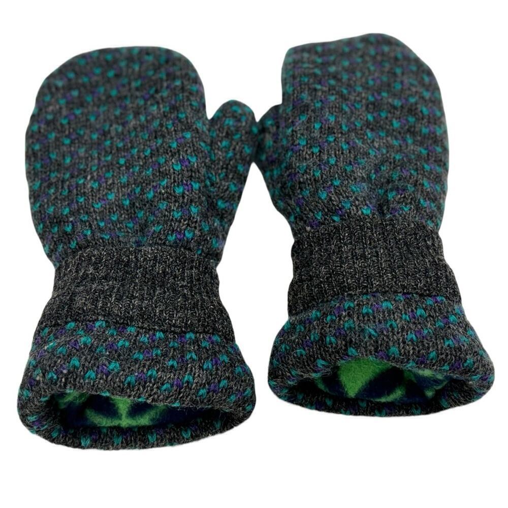 Fleece lined wool mittens, gray/ aquamarine blue combination winter mittens M/L